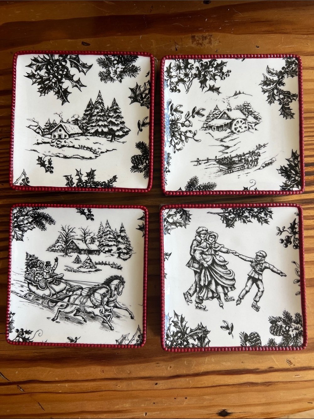 Toile a Good Night set of 4 Holiday Ceramic Tidbit Dishes with Red Trim